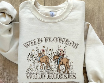 Wild Flowers Wild Horses Natural Sweatshirt,Western Cowgirl Sweatshirt,Trendy Western Sweater,Country Concert Sweater, Rodeo Graphic Sweater