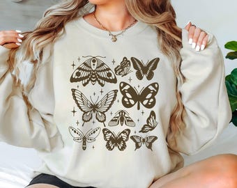 Vintage Butterfly and Moth Sweatshirt Nature Lover Tee, Botanical Outfit, Boho Clothing, Aesthetic Sweatshirt,Cottagecore Sweat Gift for Her