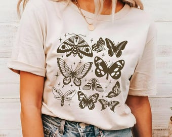 Vintage Butterfly and Moth T-Shirt, Nature Lover Tee, Botanical Outfit, Boho Clothing, Aesthetic Tshirt, Cottagecore Shirt Gift for Her