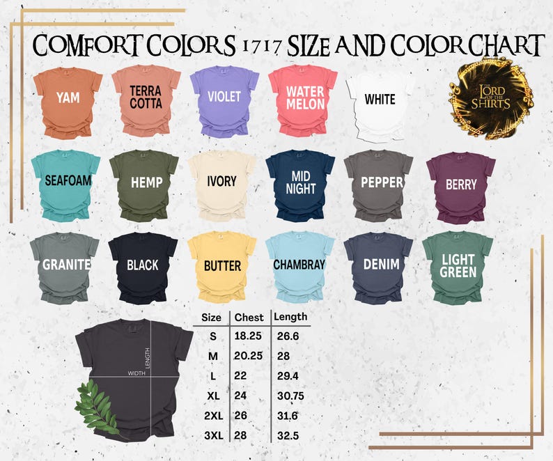 K&ouml;nnte beinhalten: Eine Farbkarte f&uuml;r Comfort Colors 1717 T-Shirts, die Farben wie Yam, Terra Cotta und Violett zeigt. Die Karte enth&auml;lt eine Gr&ouml;&szlig;entabelle mit Brust- und L&auml;ngenma&szlig;en in cm, von Gr&ouml;&szlig;e S bis 3XL.