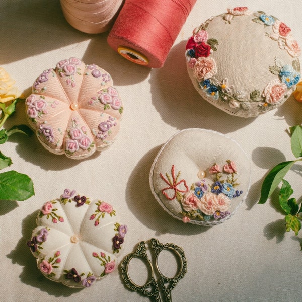 Floral Embroidered Pincushion Handmade, Round Pincushion, Pin Accessory, Pin Keeper, Sewing Room Decor, Gift for Her - pumkin cushion