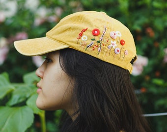 wildflower Hand Embroidered Hat, Floral Embroidered Denim Cap Vintage Hat For Woman, Embroidered Baseball Cap, Birthday Gift, Gift For Women