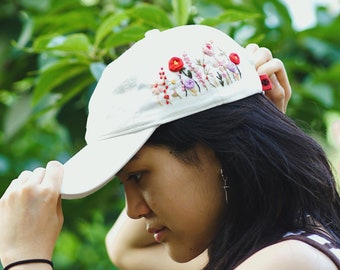 Wildflower poppies Hand Embroidered Hat, Floral Embroidered Denim Cap Vintage Hat Embroidered Baseball Cap, Birthday Gift, Gift For Women