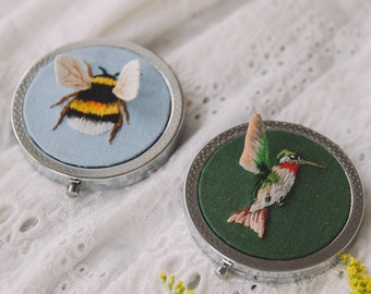 Vintage Bee Hummingbird Hand Embroidered Compact Mirror - Pocket Mirror - Makeup Mirror - Wedding gift -Bridesmaids Gift - Christmas gift