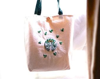 Starbucks inspired hand-embroidered Tote Bag, Eco-friendly Canvas Bag, Canvas Tote Bag Aesthetic, Ethnic tote bags - shopping bag