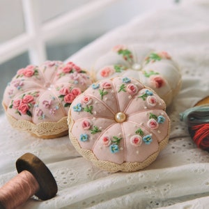 Floral Embroidered Pincushion Handmade, Round Pincushion, Pin Accessory, Pin Keeper, Sewing Room Decor, Gift for Her - pumkin cushion