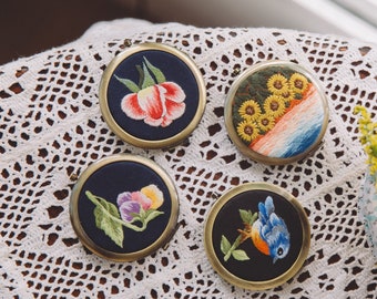 花柄刺繍入りハンドミラー、ヴィンテージスタイルのポケットメイク