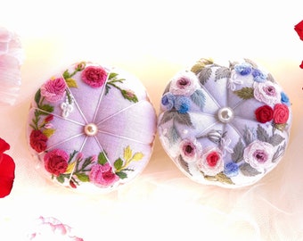 Roses Embroidered Pincushion Handmade, Round Pincushion, Pin Accessory, Pin Keeper, Sewing Room Decor, Gift for Her - pumkin cushion