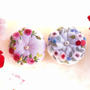 Roses Embroidered Pincushion Handmade, Round Pincushion, Pin Accessory, Pin Keeper, Sewing Room Decor, Gift for Her - pumkin cushion