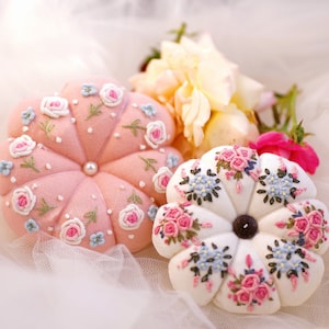 Floral Embroidered Pincushion Handmade, Round Pincushion, Pin Accessory, Pin Keeper, Sewing Room Decor, Gift for Her - pumkin cushion