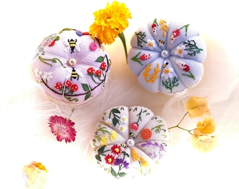 Wildflower Embroidered Pincushion Handmade, Round Pincushion, Pin Accessory, Pin Keeper, Sewing Room Decor, Gift for Her - pumkin cushion