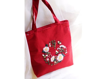 Hand embroidered Honey Bee Tote Bag, Eco-friendly Bag, Canvas Tote Bag Aesthetic,Ethnic tote bag - Burgundy shopping bag - Mother's day gift