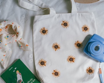 Sunflower hand-embroidered Tote Bag, Autumn Canvas Bag, Canvas Tote Bag, Sunflower Tote Bag , Ethnic tote bags - shopping bag - market bag