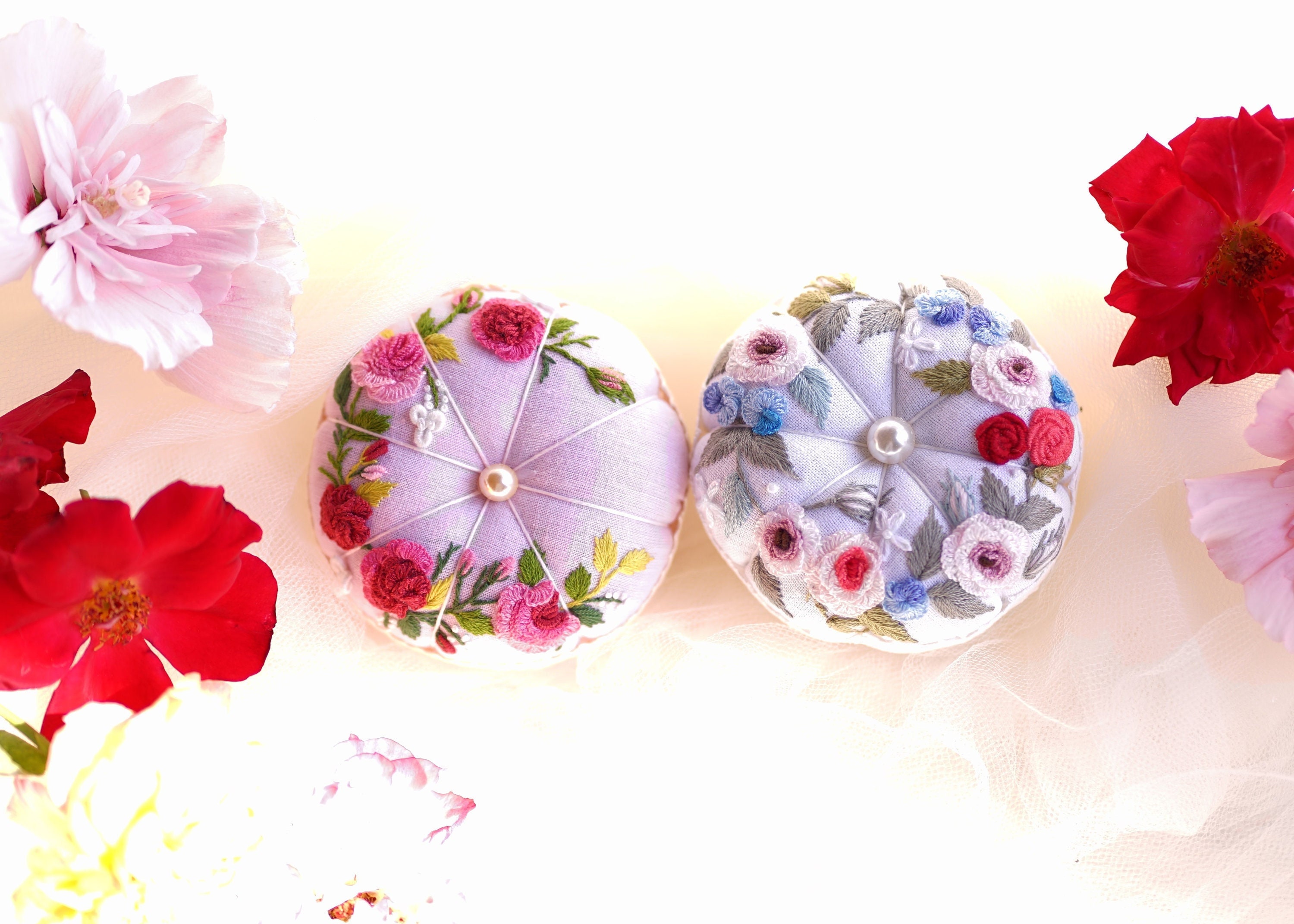 Roses Embroidered Pincushion Handmade, Round Pincushion, Pin Accessory, Pin Keeper, Sewing Room Decor, Gift for Her - pumkin cushion