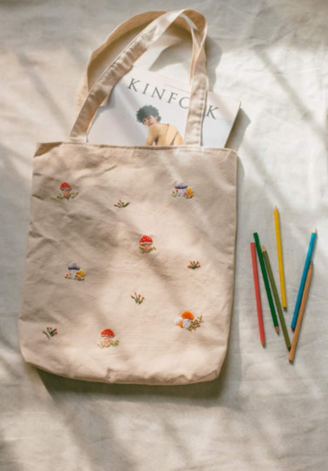 Mushroom Hand-embroidered Tote Bag, Eco-friendly Canvas Bag, Canvas ...