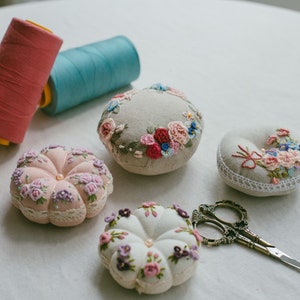 Floral Embroidered Pincushion Handmade, Round Pincushion, Pin Accessory, Pin Keeper, Sewing Room Decor, Gift for Her pumkin cushion image 4