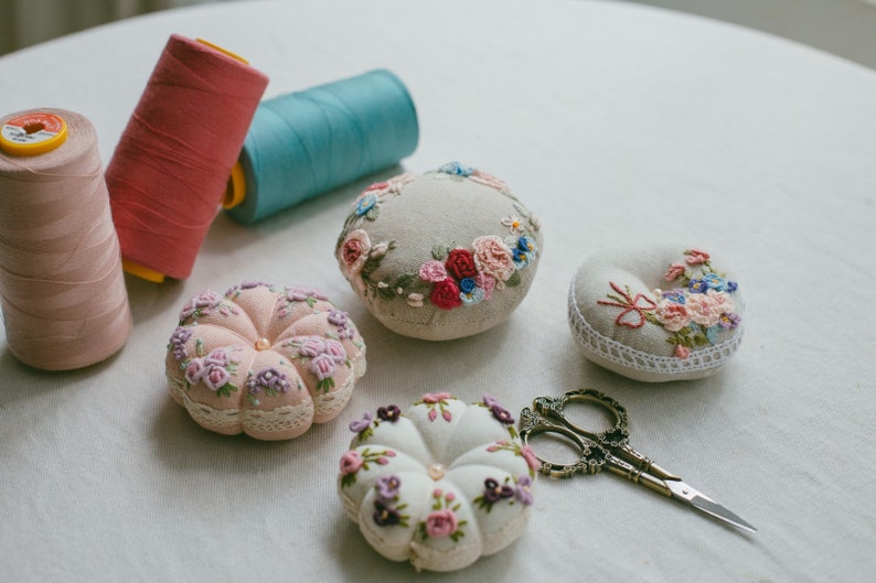 Floral Embroidered Pincushion Handmade, Round Pincushion, Pin Accessory, Pin Keeper, Sewing Room Decor, Gift for Her pumkin cushion image 4