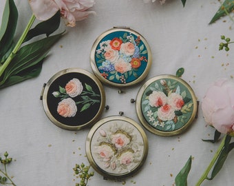 Vintage Roses Hand Embroidered Compact Mirror - Gift for Her - Pocket Mirror - Makeup Mirror - Wedding gift -Bridesmaids Gift -mother's day