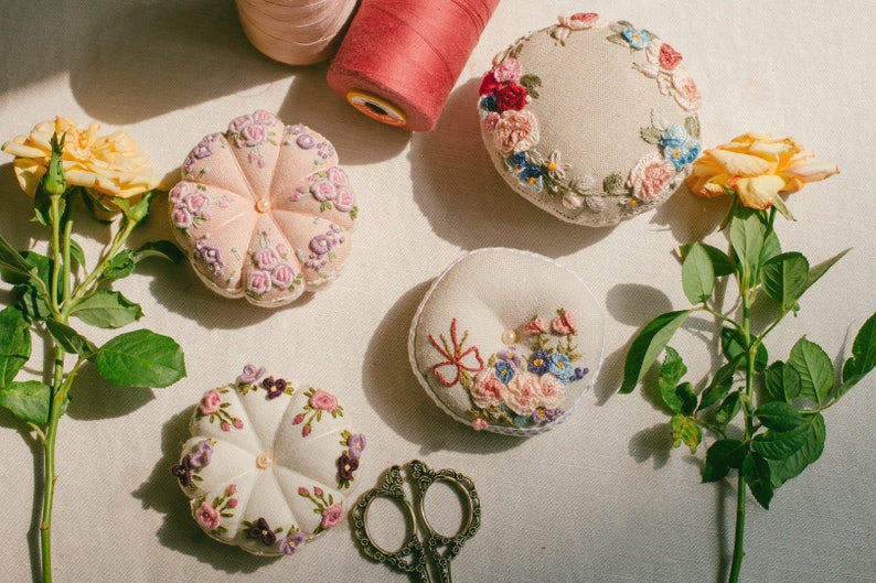 Floral Embroidered Pincushion Handmade, Round Pincushion, Pin Accessory, Pin Keeper, Sewing Room Decor, Gift for Her pumkin cushion image 1