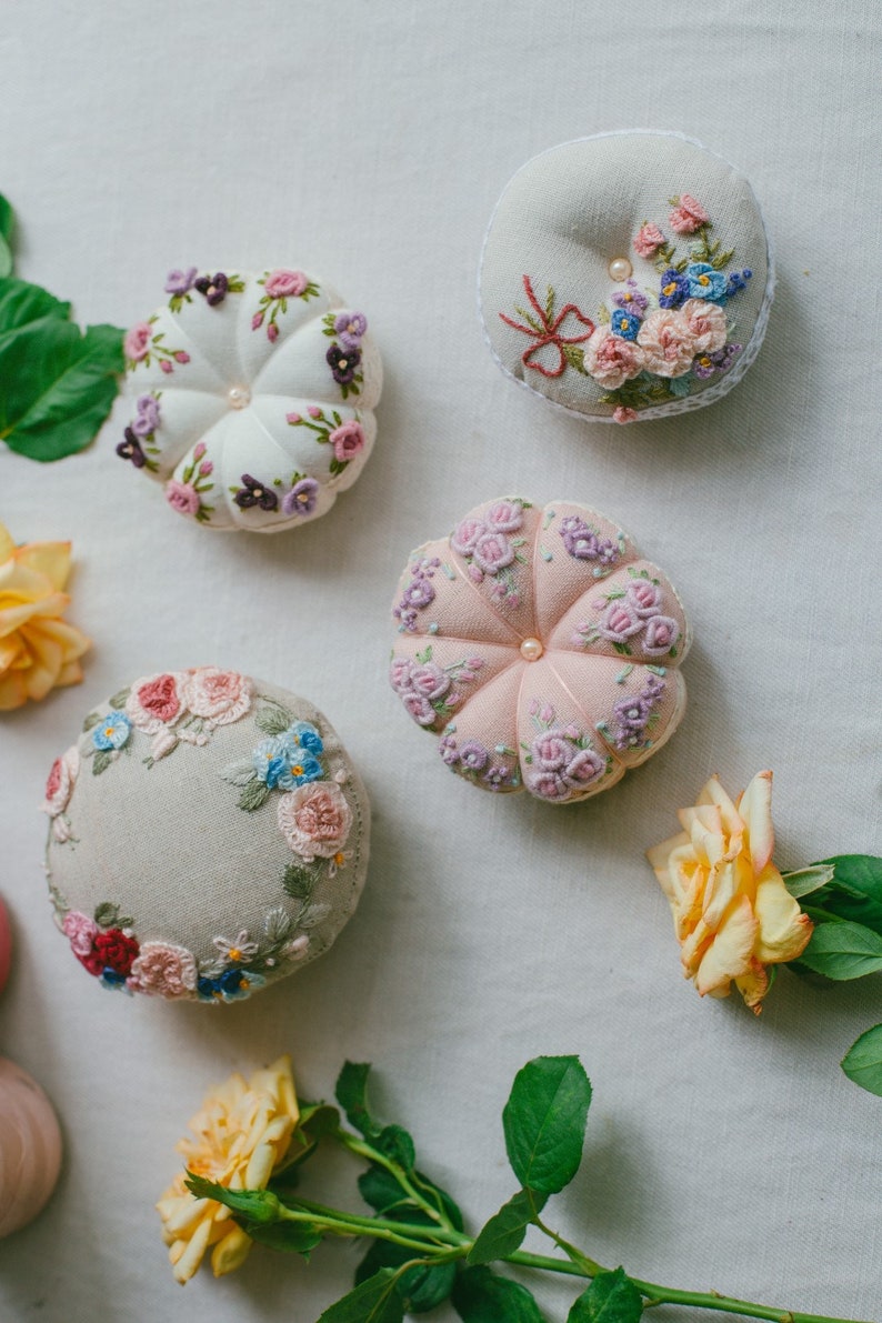 Floral Embroidered Pincushion Handmade, Round Pincushion, Pin Accessory, Pin Keeper, Sewing Room Decor, Gift for Her pumkin cushion image 6