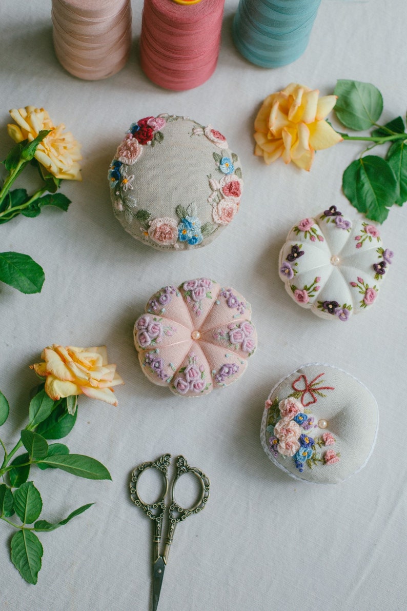 Floral Embroidered Pincushion Handmade, Round Pincushion, Pin Accessory, Pin Keeper, Sewing Room Decor, Gift for Her pumkin cushion image 3