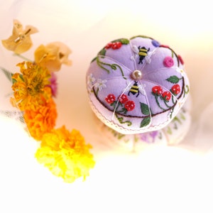 Wildflower Embroidered Pincushion Handmade, Round Pincushion, Pin Accessory, Pin Keeper, Sewing Room Decor, Gift for Her pumkin cushion image 4