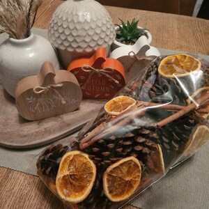 May include: A fall-themed arrangement featuring a variety of decorative items. Includes a clear bag filled with pine cones, dried orange slices, and cinnamon sticks. Also, there are decorative pumpkins, a vase with dried grass, and a white acorn-shaped ornament.