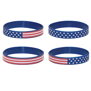 May include: Four blue silicone bracelets with American flag designs. Two bracelets feature a red, white, and blue American flag with stars. Two bracelets feature a red, white, and blue American flag with stripes.