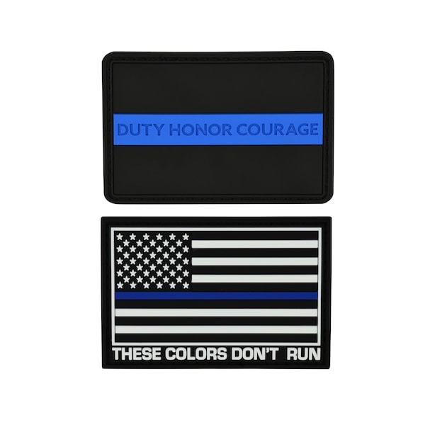 Thin Blue Line "Duty Honor Courage - These Colors Don't Run" American Flag Patch Set, 2x3 inch, Flexible PVC Material, Hook and Loop