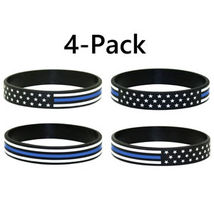 Thin Blue Line American Flag Silicone Stretchable Bracelet 4-Pack