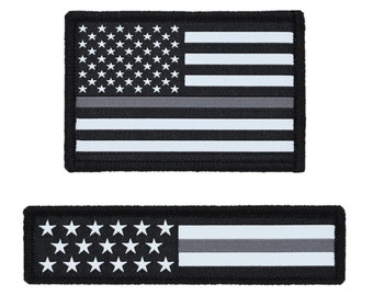 Thin Grey-Gray Line American Flag Hat Patch Set, 2x3 & 1x4, Woven, Hook and Loop