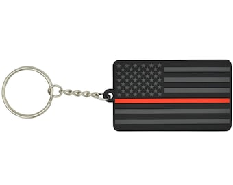 Thin Red Line American Flag Keychain with Key Ring - Fireman Firefighter – Soft PVC Rubber