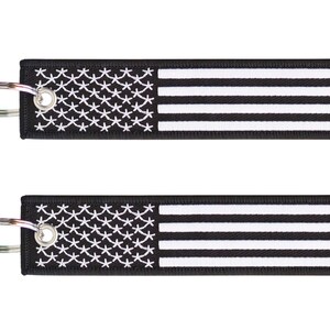2-PK American Flag Keychain with Key Ring and Carabiner (Black White)