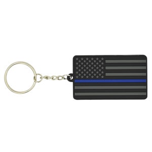 Thin Blue Line American Flag Keychain with Key Ring - Law Enforcement - Soft PVC Rubber