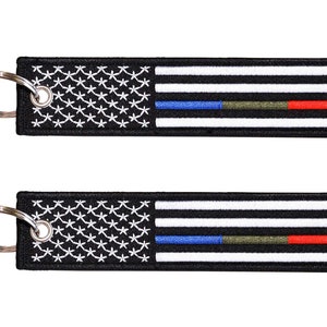 2-PK Thin Blue-Green-Red Line American Flag Keychain with Key Ring and Carabiner - Police, Military, Firefighters