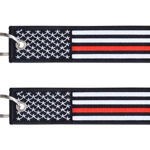 2-PK Thin Red Line American Flag Keychain with Key Ring and Carabiner - Fireman Firefighter