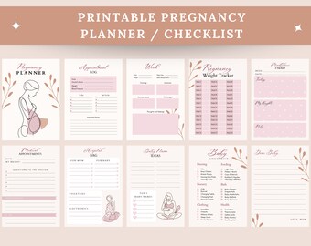 May include: Printable pregnancy planner checklist with pink and brown floral accents. The checklist includes sections for medical appointments, hospital bag, baby name ideas, baby checklist, and a dear baby journal.