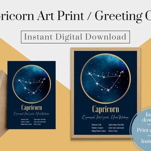 Capricorn instant download art print, Instant download card, printable birthday present, instant gift, last minute gift, printable star sign