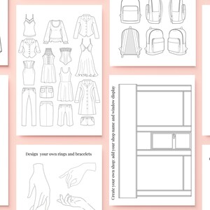 May include: A printable coloring page with various fashion design templates. The page includes designs for bags, tops, dresses, shirts, pants, shoes, nails, rings, bracelets, and a shop display.