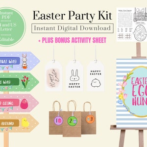 Pode incluir: Kit de festa de Páscoa imprimível com uma placa listrada azul e branca que diz "Caça aos Ovos de Páscoa" em um círculo azul com flores rosa. Há também quatro placas com setas que dizem "Hop That Way", "This Way", "Keep Going" e "Turn Around". Há também três sacos de papel castanho com os números 1, 2 e 3.