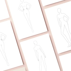 May include: Five blank fashion illustration templates for drawing clothing designs. Each template features a standing figure with arms outstretched.