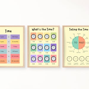 Cartel educativo de Telling Time Clock para niños, conjunto de carteles educativos de tres, arte de sala de juegos, escuela en casa imprimible, arte de carteles de aprendizaje