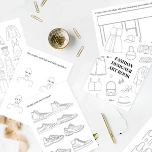May include: A black and white printable fashion designer art book with pages for designing clothes, shoes, and accessories. The book includes templates for creating outfits, shoes, bags, and nail art.