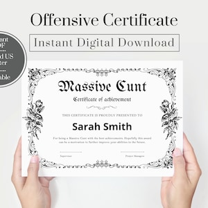 Offensive Editable Certificate, Printable offensive certificate, Massive Cunt Award digital download, Instant gift certificate, Funny gift