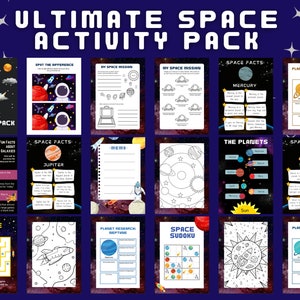 Paquete de actividades imprimible Ultimate Kids Space, Diversión educativa, juegos y rompecabezas, datos espaciales, Colorear A4, Carta de EE. UU., Descarga instantánea