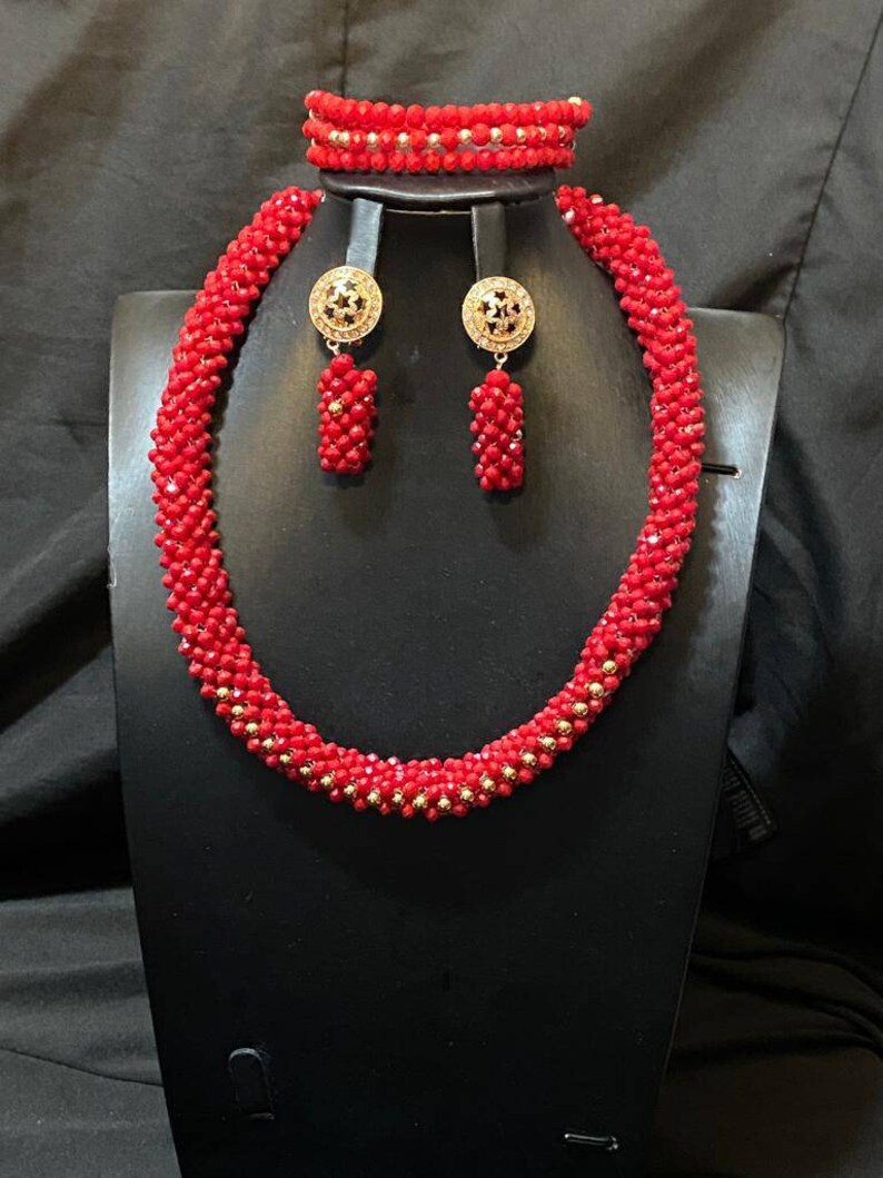Red Beaded Jewelry Set Etsy