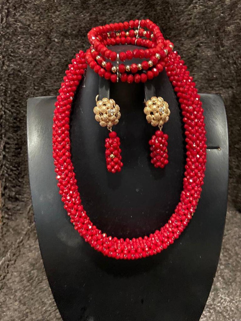 Red Beaded Jewelry Set Etsy
