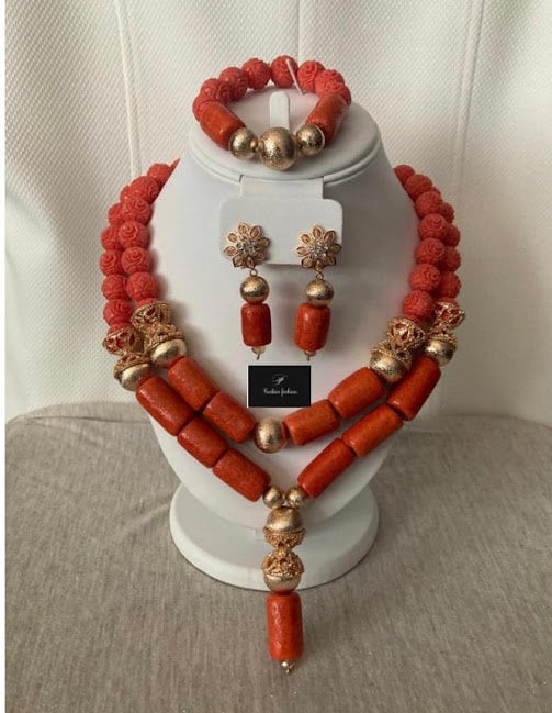 Coral beads traditional wedding head band, necklace and bracelet, brida -  Afrikrea