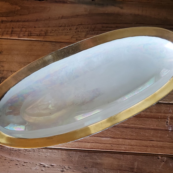 Vintage Iridescent White Gold Trimmed Oval Serving Platter, Made in Slovakia