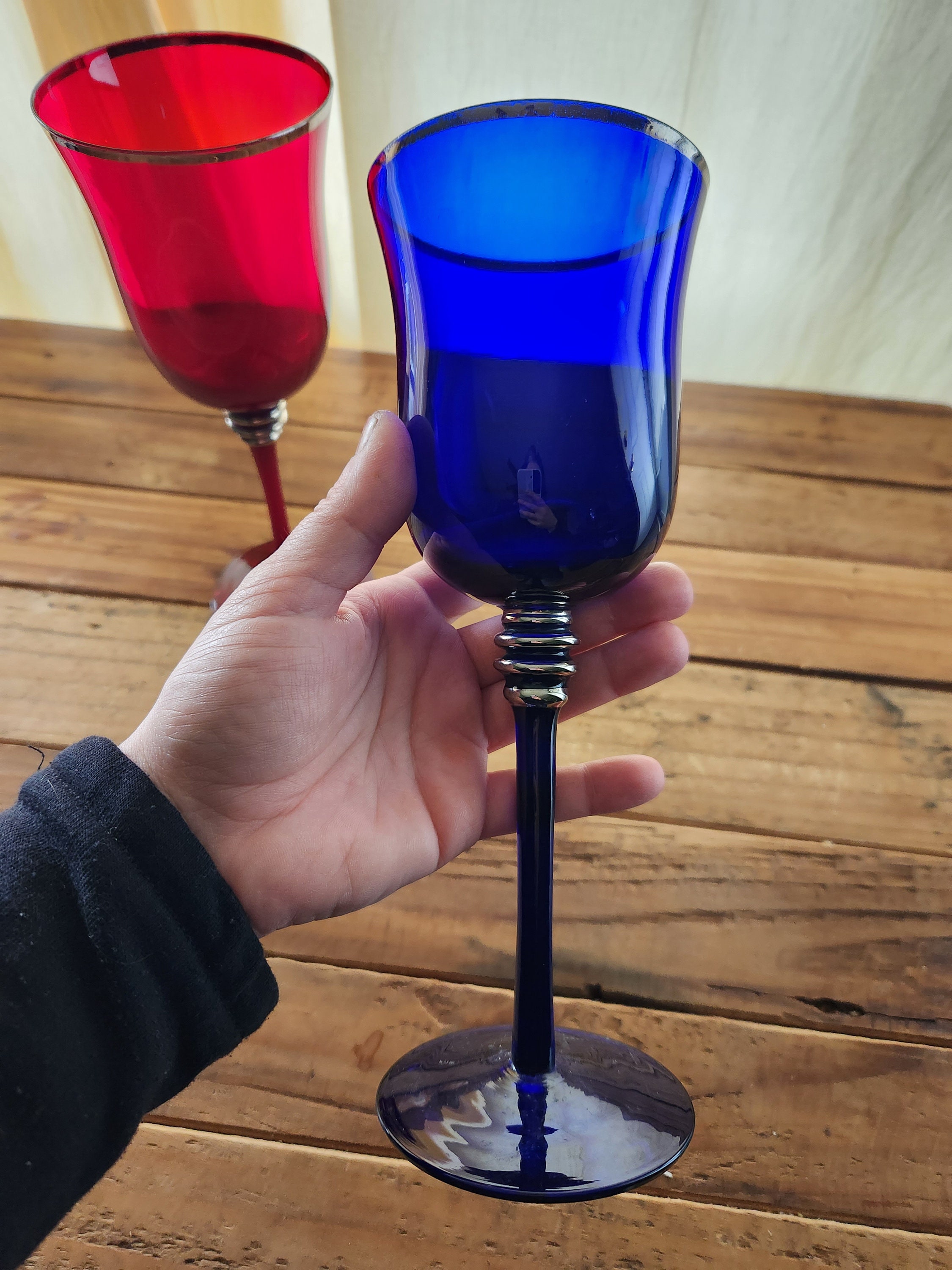 Set Di 4 Bicchieri Da Vino Rosso Con Stelo Blu - Vetro Senza Piombo, Per Degustazione, Regalo Per Matrimonio O Anniversario